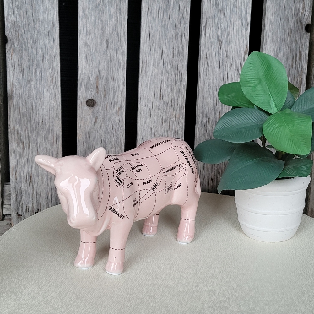 Beef Butcher Whimsical Pink Ceramic Cow Sculpture Outlined Cuts Chart - Picture 3 of 7
